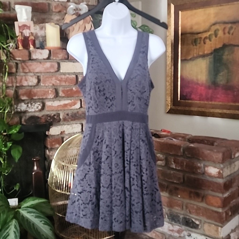 Free People Purple Lace Fit & Flare V-Neck Skater Dress Romantic Boho
